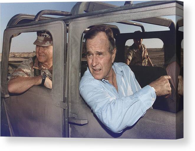 History Canvas Print featuring the photograph President George Bush Riding In An by Everett