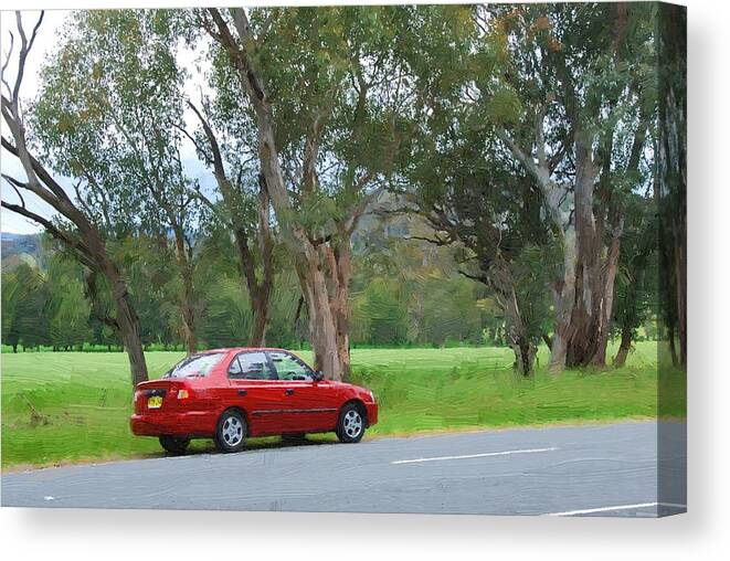 Rest Canvas Print featuring the digital art Red car in the countryside by Fran Woods