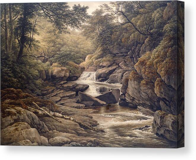 Waterfall Canvas Print featuring the painting Rhiadr Ddu near Maentwrog North Wales by John Glover