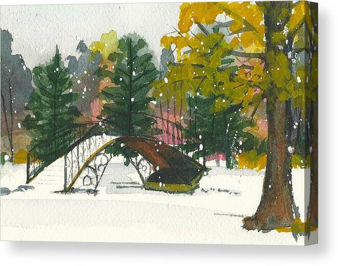 Landscape Canvas Print featuring the painting Snowtober in Elm Park by Lynn Babineau