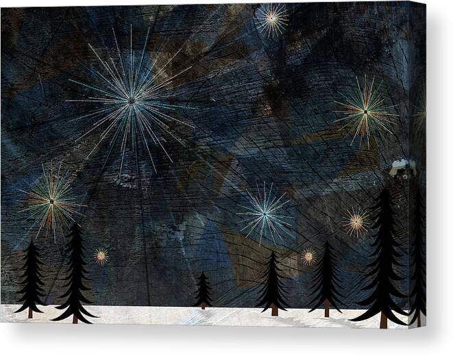 Horizontal Canvas Print featuring the digital art Stars Glistening In The Sky Above Pine Trees And Snow On The Ground by Jutta Kuss