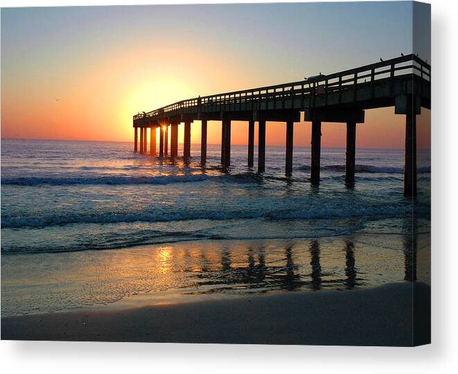 Sun Canvas Print featuring the photograph Sunrise at the Pier by Rod Seel