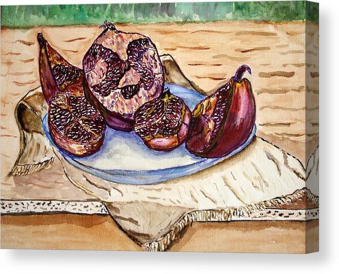 Watercolor Jerusalem Painting Pomegranate Canvas Giclee Canvas Print featuring the painting Ripe  Pomegranate. by Shlomo Zangilevitch