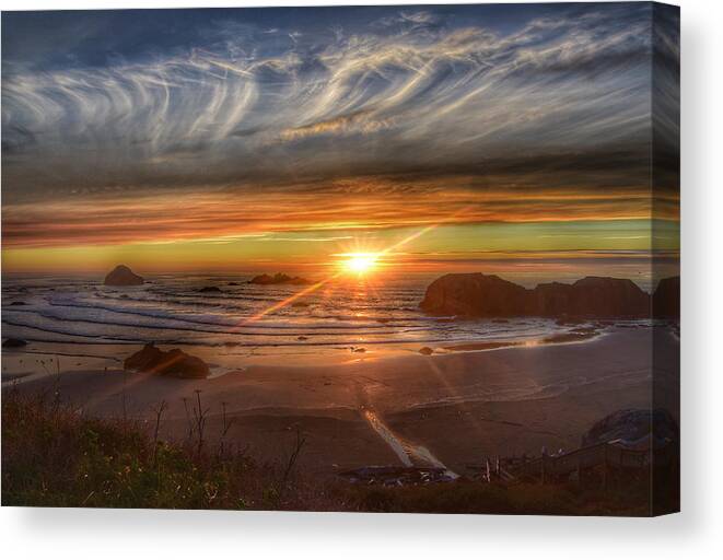 Bandon-oregon Canvas Print featuring the photograph Bandon Sunset #1 by Bonnie Bruno