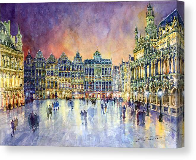 Watercolor Canvas Print featuring the painting Belgium Brussel Grand Place Grote Markt #2 by Yuriy Shevchuk