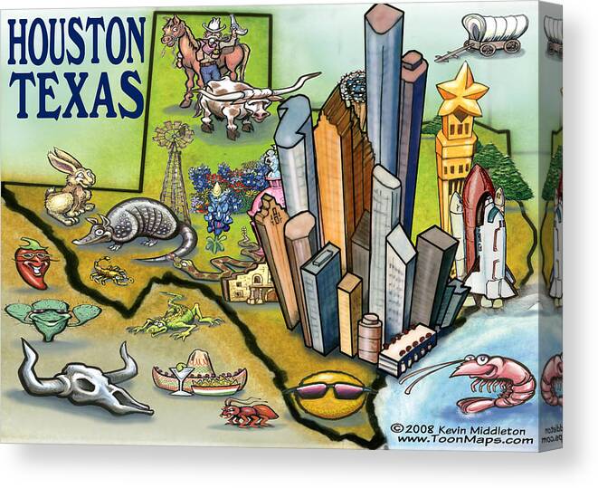 Houston Canvas Print featuring the digital art Houston Texas Cartoon Map #1 by Kevin Middleton