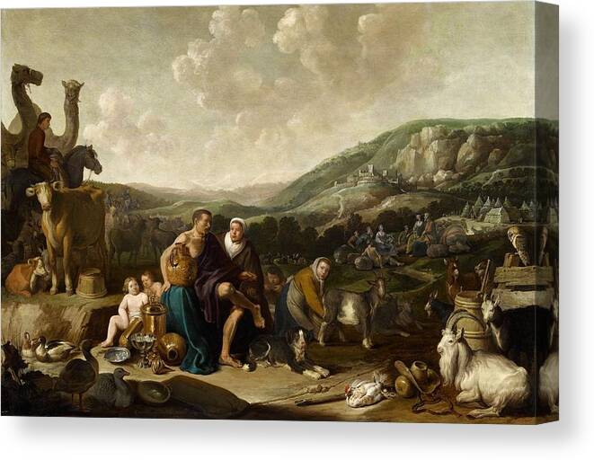 Cornelis Saftleven Canvas Print featuring the painting Landscape with Jacob and Rachel #1 by Cornelis Saftleven