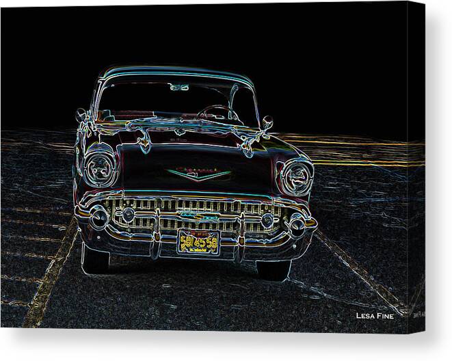 1957 Canvas Print featuring the mixed media 57' Chevy Neon Art Classic Cars by Lesa Fine