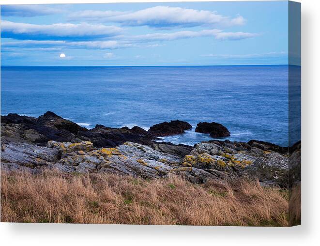 Portlethen Canvas Print featuring the photograph Moon rising over sea at Portlethen, Scotland #1 by Ian Middleton