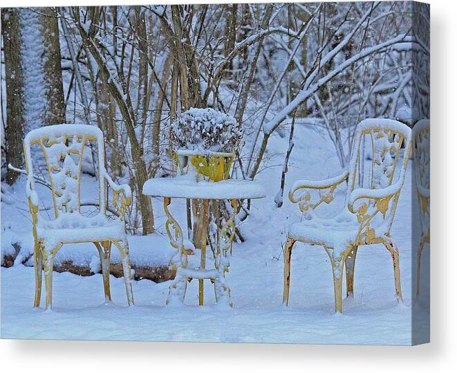 Snowy Sit A Spell Canvas Print featuring the photograph Snowy Sit a Spell by PJQandFriends Photography