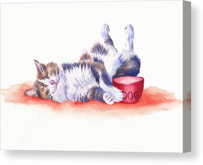 Cat Canvas Print featuring the painting Contented Cat - Stolen Lunch by Debra Hall