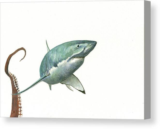 White Shark Art Canvas Print featuring the painting The Great white shark and the octopus #1 by Juan Bosco