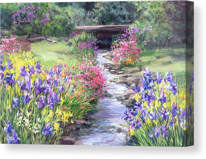 Landscape Canvas Print featuring the painting VanDusen Garden Iris Bridge #1 by Laurie Snow Hein