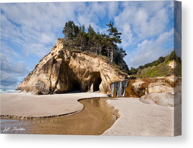 Beach Canvas Print featuring the photograph Waterfall Flowing into the Pacific Ocean #2 by Jeff Goulden