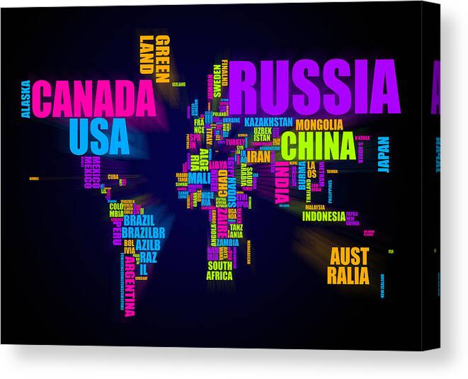World Map Canvas Print featuring the digital art World Map in Words #1 by Michael Tompsett