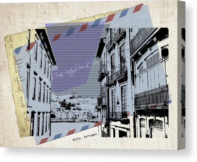 Porto Canvas Print featuring the digital art stylish retro postcard of Porto by Ariadna De Raadt