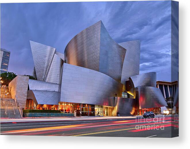 Walt Disney Concert Hall Canvas Print featuring the photograph Sunset at the Walt Disney Concert Hall in Downtown Los Angeles. #2 by Jamie Pham