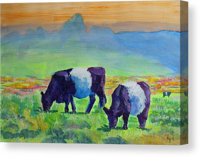 Belted Galloway Cow Canvas Print featuring the painting Belted Galloway Cows Under Orange Sky by Mike Jory