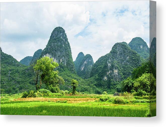 Karst Canvas Print featuring the photograph Karst mountains and rural scenery #44 by Carl Ning