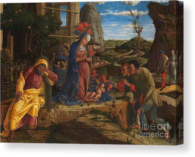 The Adoration Of The Shepherds Canvas Print featuring the painting The Adoration of the Shepherds by Andrea Mantegna
