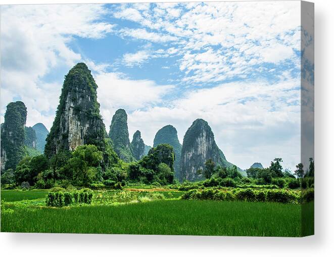 Karst Canvas Print featuring the photograph Karst mountains and rural scenery #56 by Carl Ning