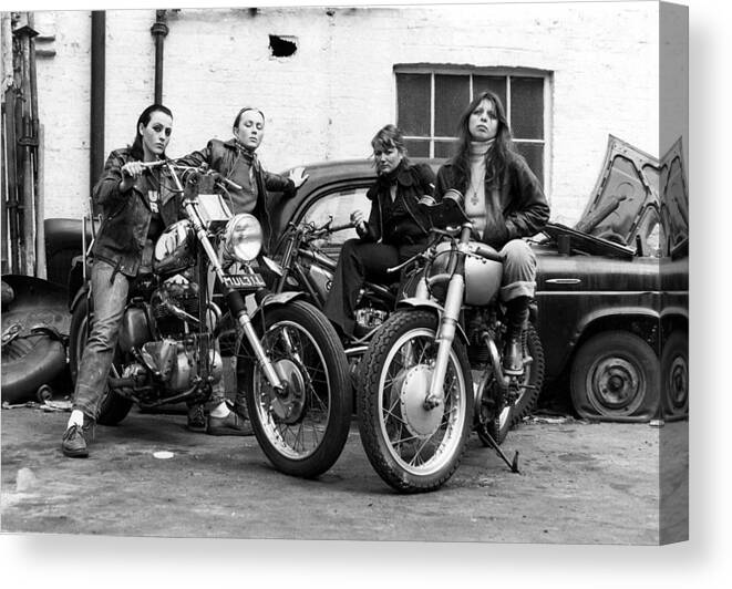 Women Canvas Print featuring the photograph A group of women associated with the Hells Angels, 1973. by Lawrence Christopher