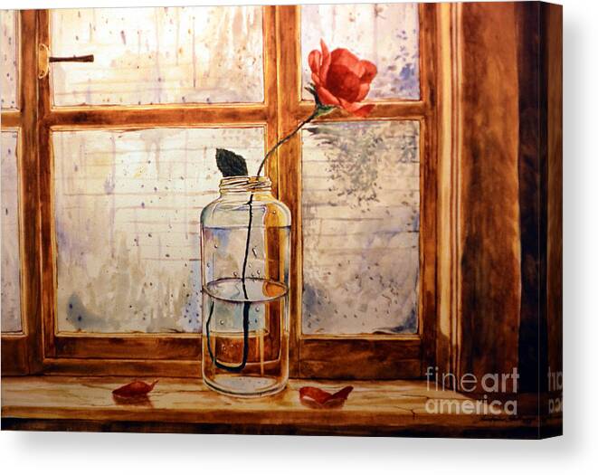 Rose Canvas Print featuring the painting A rose in a glass jar on a rainy day by Christopher Shellhammer
