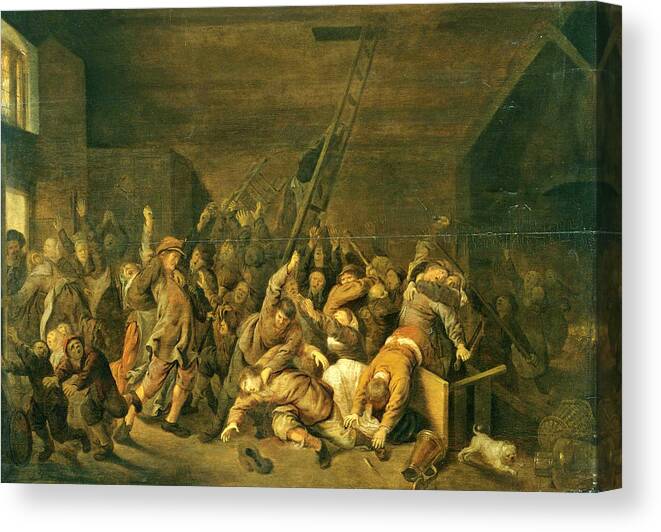 Jan Miense Molenaer Canvas Print featuring the painting A Tavern Interior with Figures Brawling by Jan Miense Molenaer