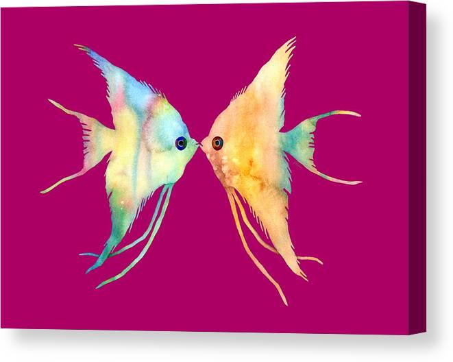 Fish Canvas Print featuring the painting Angelfish Kissing by Hailey E Herrera