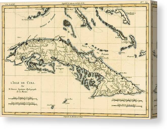 Maps Canvas Print featuring the drawing Antique Map of Cuba by Guillaume Raynal