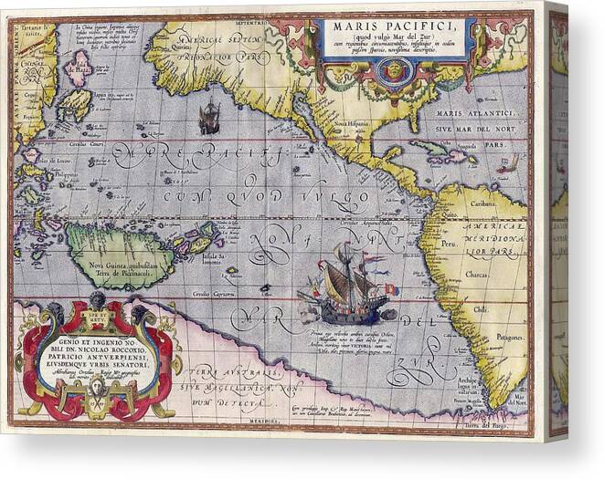Antique Map Of The World By Abraham Ortelius Canvas Print featuring the painting Antique Map Of The World By Abraham Ortelius - 1589 by Marianna Mills