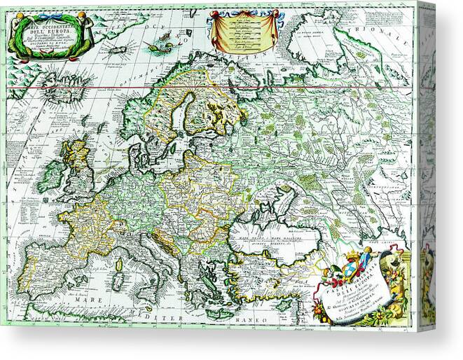 Antique Canvas Print featuring the painting Antique Maps of the World Map of Europe Vincenzo Coronelli c 1690 by Vintage Collectables