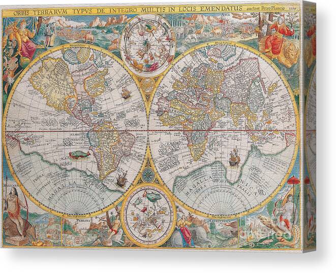 Antique Maps Of The World Canvas Print featuring the digital art Antique Maps of the World Petrus Plancius c 1599 by Vintage Collectables