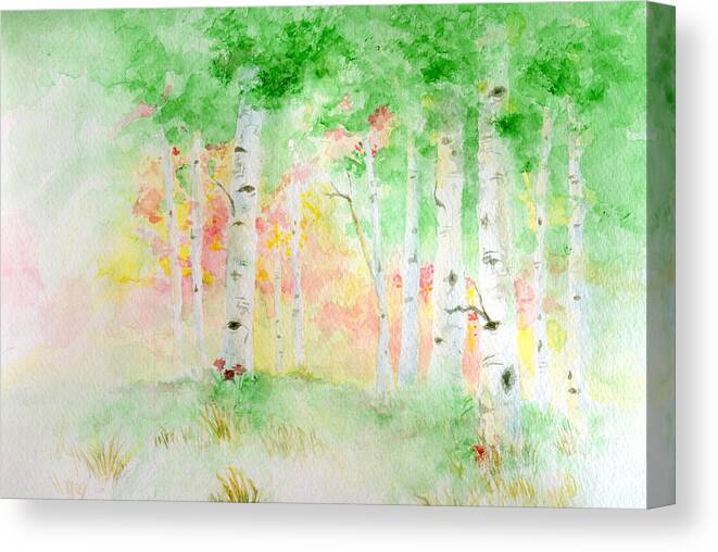 Aspen Tree Forest Woods Woodlands Autumn Fall September Nature Leaves Leaf Foliage Memorial Tribute Watercolor Canvas Print featuring the painting Aspens by Andrew Gillette