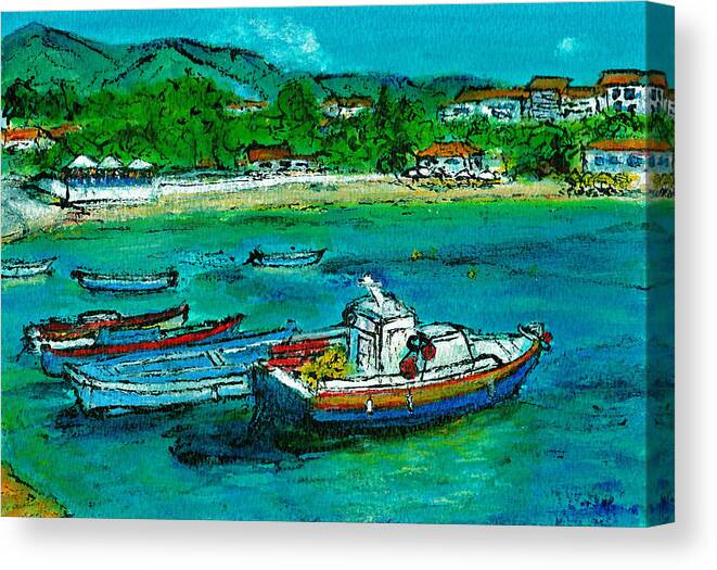 Greece Canvas Print featuring the painting Assos Harbour Kefalonia by Jackie Sherwood