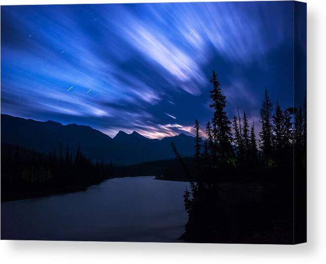Jasper Canvas Print featuring the photograph Athabasca River Moonrise Long Exposure by Cale Best