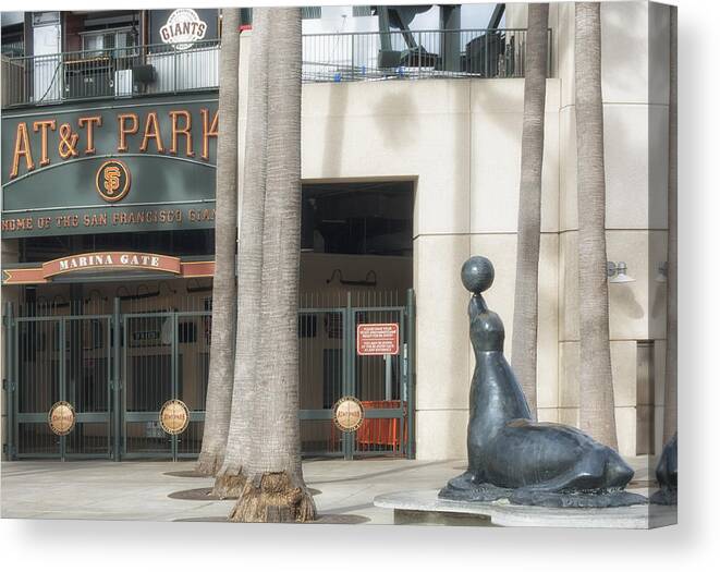 Sfgiants Canvas Print featuring the photograph ATT Park with Seal Statue by Jessica Levant