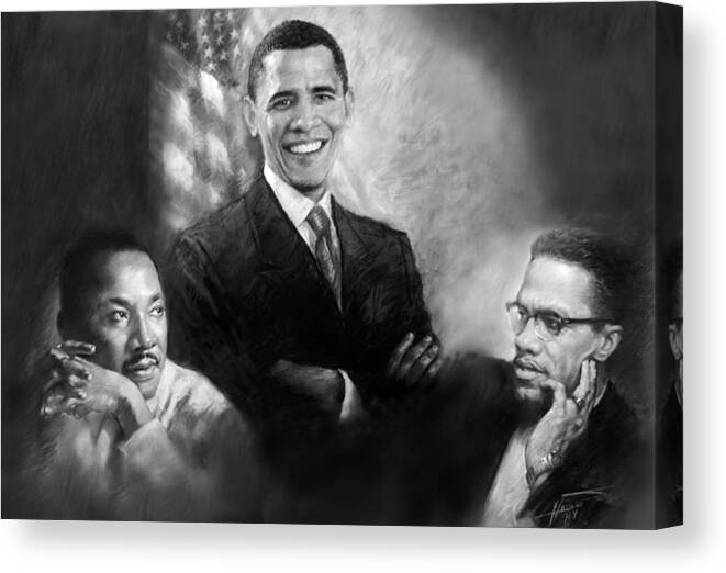 Barack Obama Canvas Print featuring the pastel Barack Obama Martin Luther King Jr and Malcolm X by Ylli Haruni