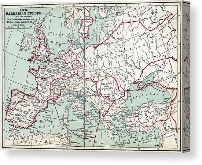 1894 Canvas Print featuring the drawing Barbarian Europe Map. by Granger