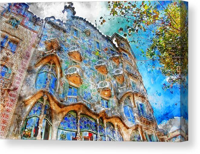 Casa Batllo Canvas Print featuring the painting Barcelona, Casa Batllo, Watercolor - 01 by AM FineArtPrints