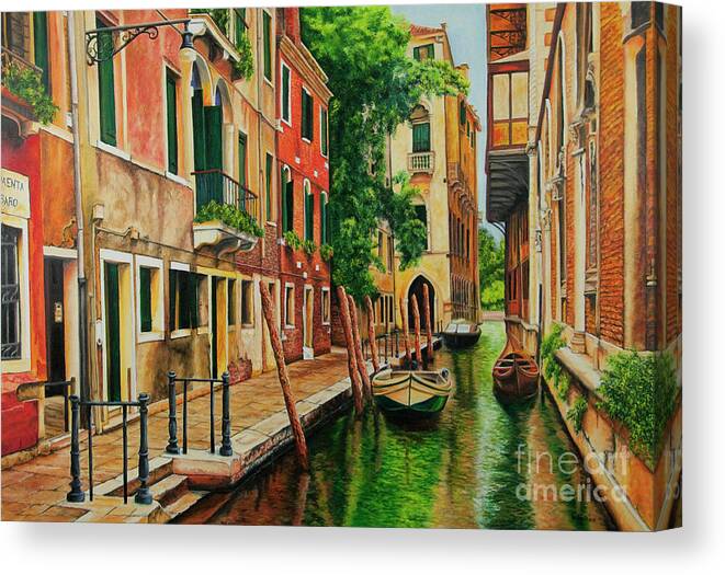 Venice Canal Canvas Print featuring the painting Beautiful Side Canal In Venice by Charlotte Blanchard