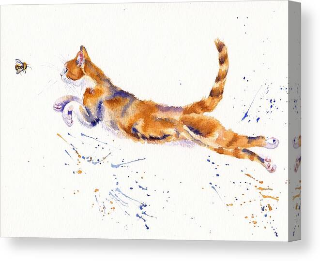 Cat Canvas Print featuring the painting Bee Airborne - Leaping Cat by Debra Hall