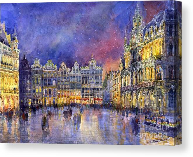 Watercolour Canvas Print featuring the painting Belgium Brussel Grand Place Grote Markt by Yuriy Shevchuk