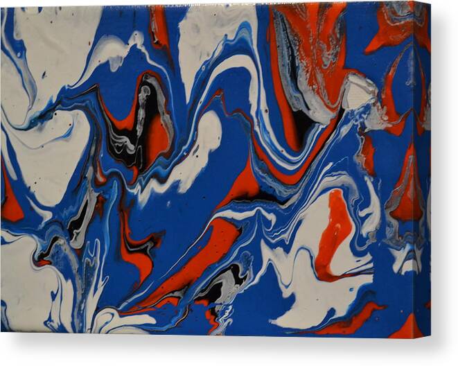 A Abstract Painting Of Large Blue Waves With White Tips. The Waves Are Picking Up Red And Black Sand From The Beach. Some Of The Blue Waves Are Curling Over. Canvas Print featuring the painting Big Blue Waves by Martin Schmidt
