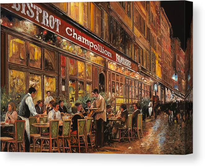 Street Scene Canvas Print featuring the painting Bistrot Champollion di notte by Guido Borelli