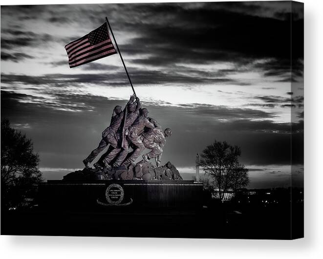 America Canvas Print featuring the photograph Black and White photo of Iwo Jima Memorial in DC by Steven Heap