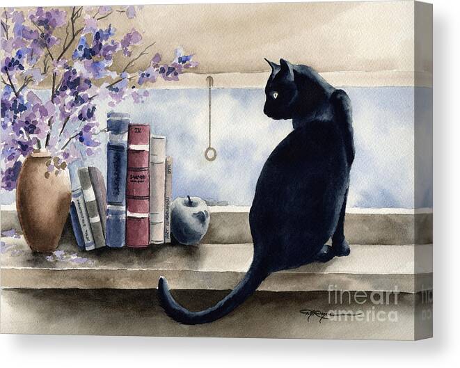 Black Canvas Print featuring the painting Black Cat In The Window II by David Rogers
