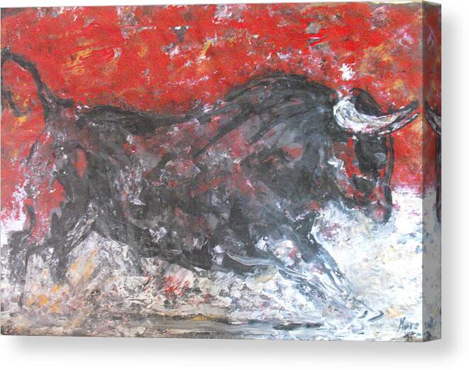 Animal Canvas Print featuring the painting Brave Black Bull by Koro Arandia