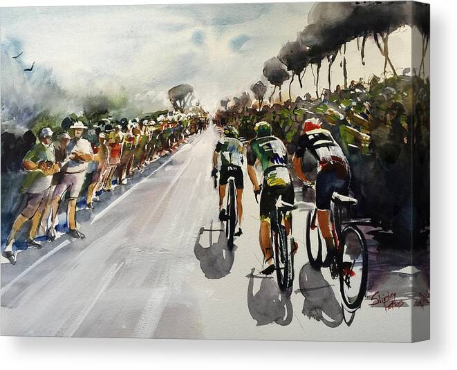 Le Tour De France Canvas Print featuring the painting Breakaway Through Crowds by Shirley Peters