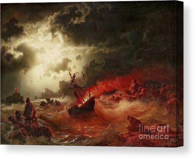 Marcus Larson (1825 - 1864) Canvas Print featuring the painting Burning ship on night sea by MotionAge Designs